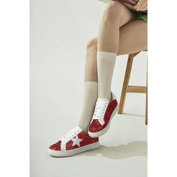 Women's Red Rhinestone Glitter Star Low Top Comfortable Walking Sneakers Shoes - Picture 6 of 6